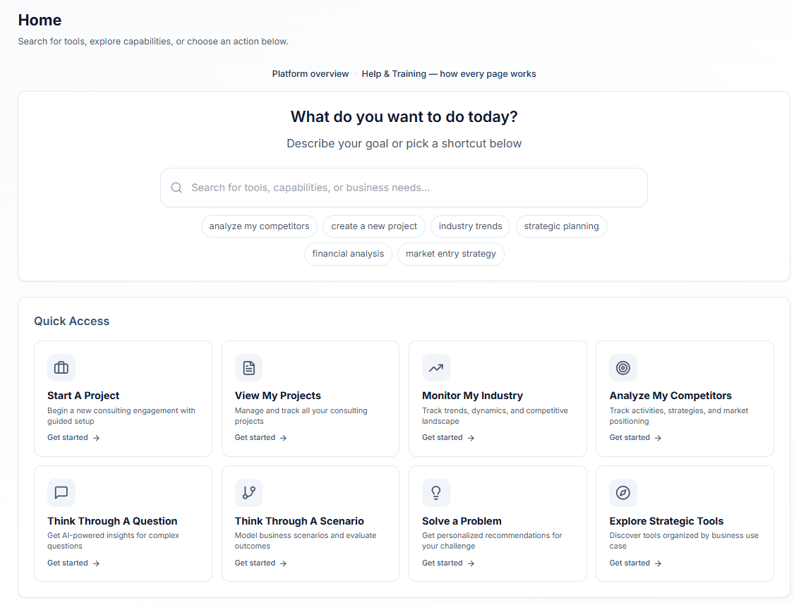 HELM platform workspace — projects, industry monitoring, competitor analysis, and strategic tools