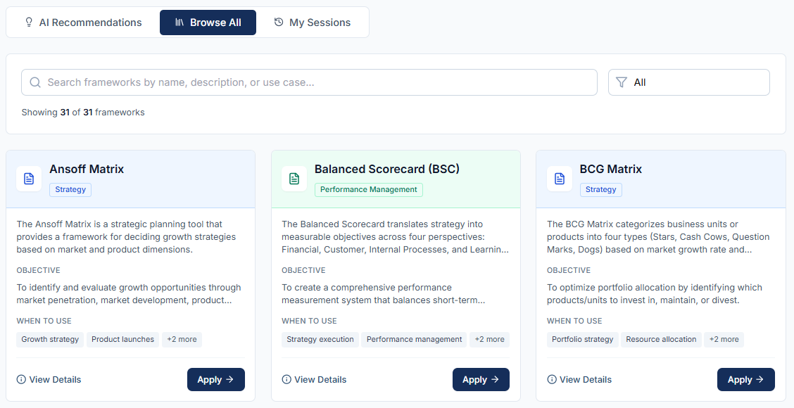 HELM strategic frameworks library — Ansoff Matrix, Balanced Scorecard, BCG Matrix, and 31+ more